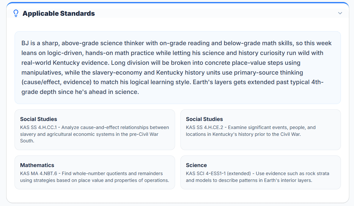 State standards compliance mapping dashboard showing curriculum alignment for educators